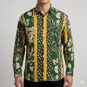 French Crown Green Floral Leopard Print Long Sleeve Shirt Size‎ 50 (4XL)